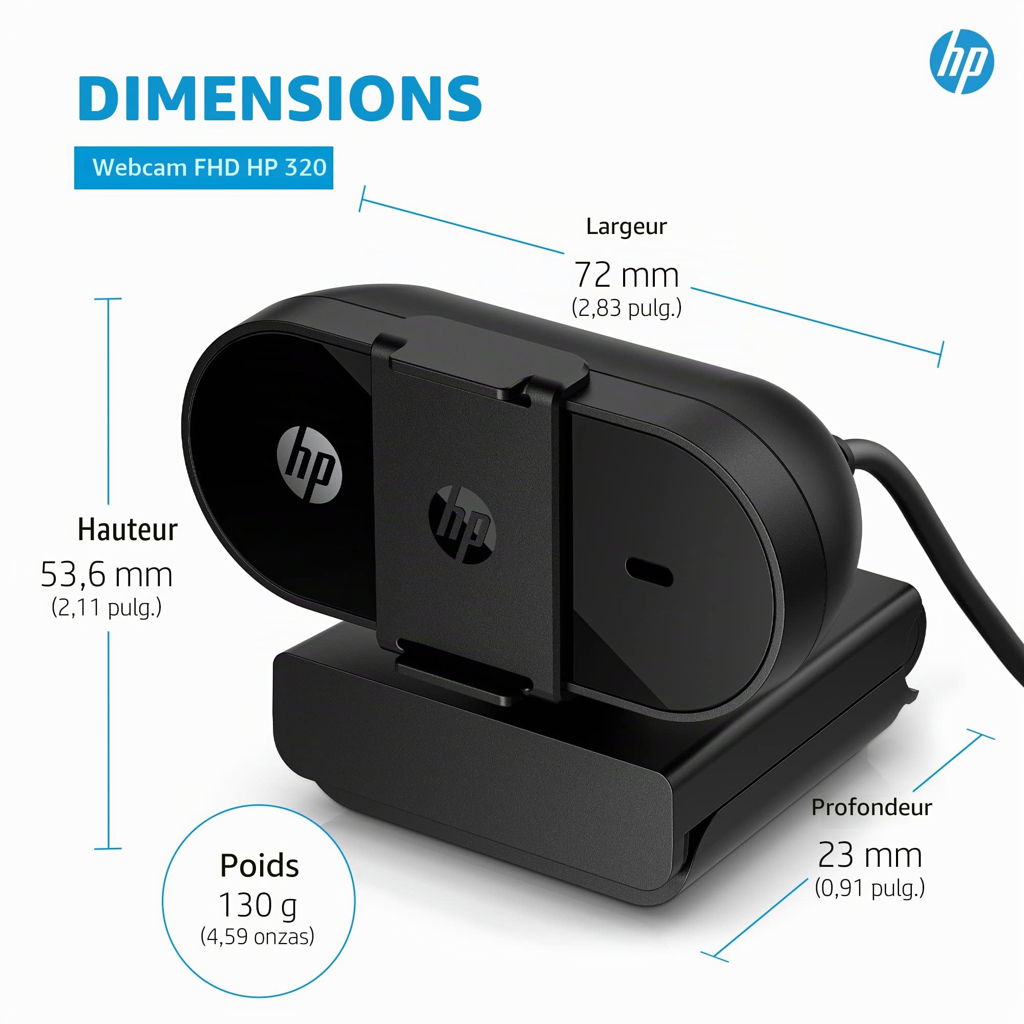 HP PC Webcam 320 FHD avec Microphone intégré et Clip pivotant 360º, Noir