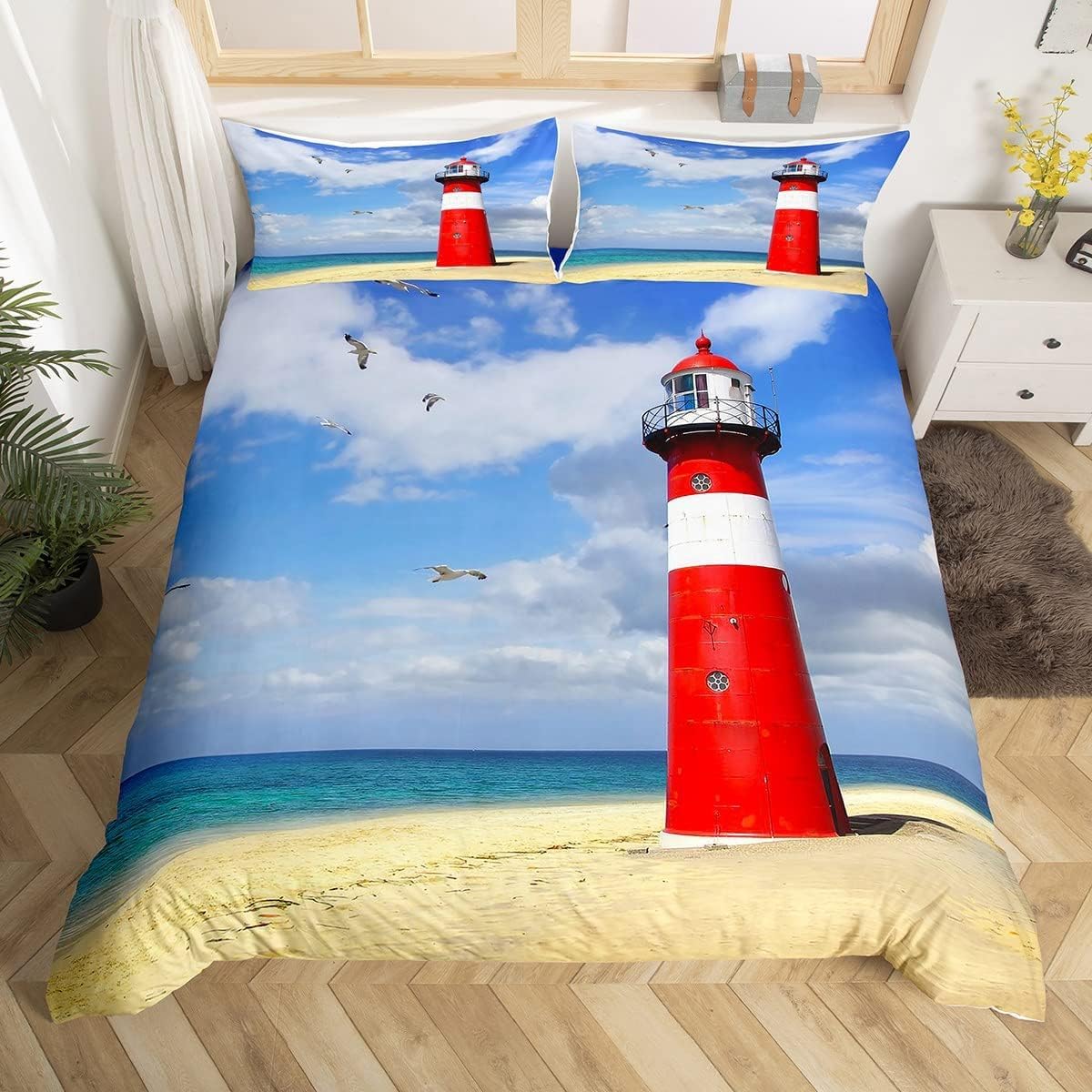 Housse de Couette 160 x 200 Île 3D Parure de lit Océan 1 Personne Microfibre avec 2 Taies 65x65