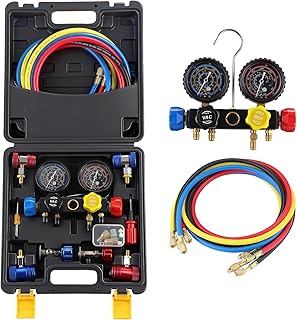 GEARLAST 4 Way AC Manifold Gauge Set for 1234yf R134a R404a Refrigerant, HVAC Automotive Gauge Set AC Refrigerant Charging Recovery Tool Kit with Quick Couplers