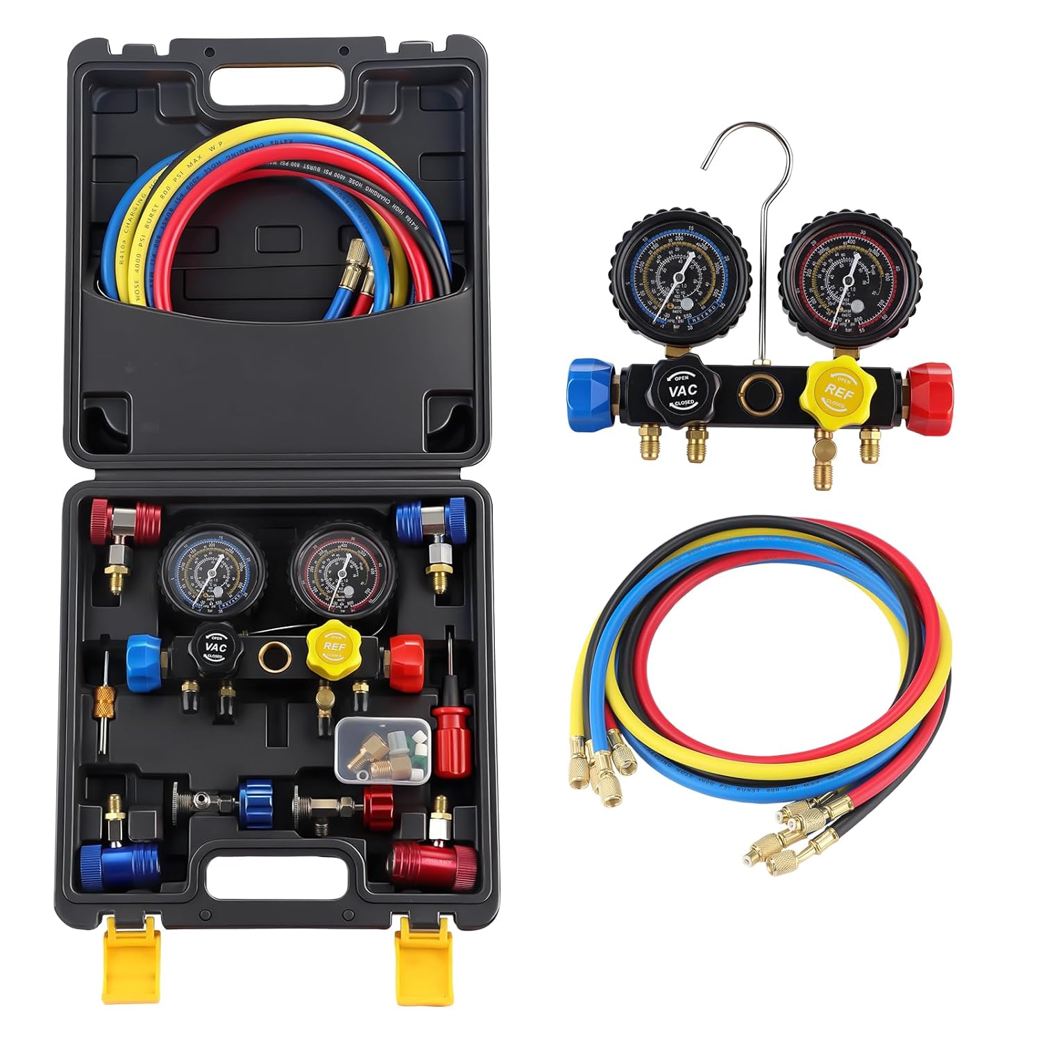 GEARLAST 4 Way AC Manifold Gauge Set for 1234yf R134a R404a Refrigerant, HVAC Automotive Gauge Set AC Refrigerant Charging Recovery Tool Kit with Quick Couplers