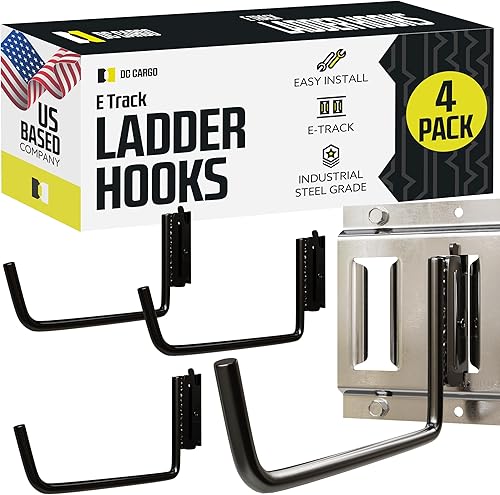 DC Cargo - Ganchos de escalera extendidos planos en J para riel (paquete de 4)  Accesorios para colgar en la pared de garaje, perchas de