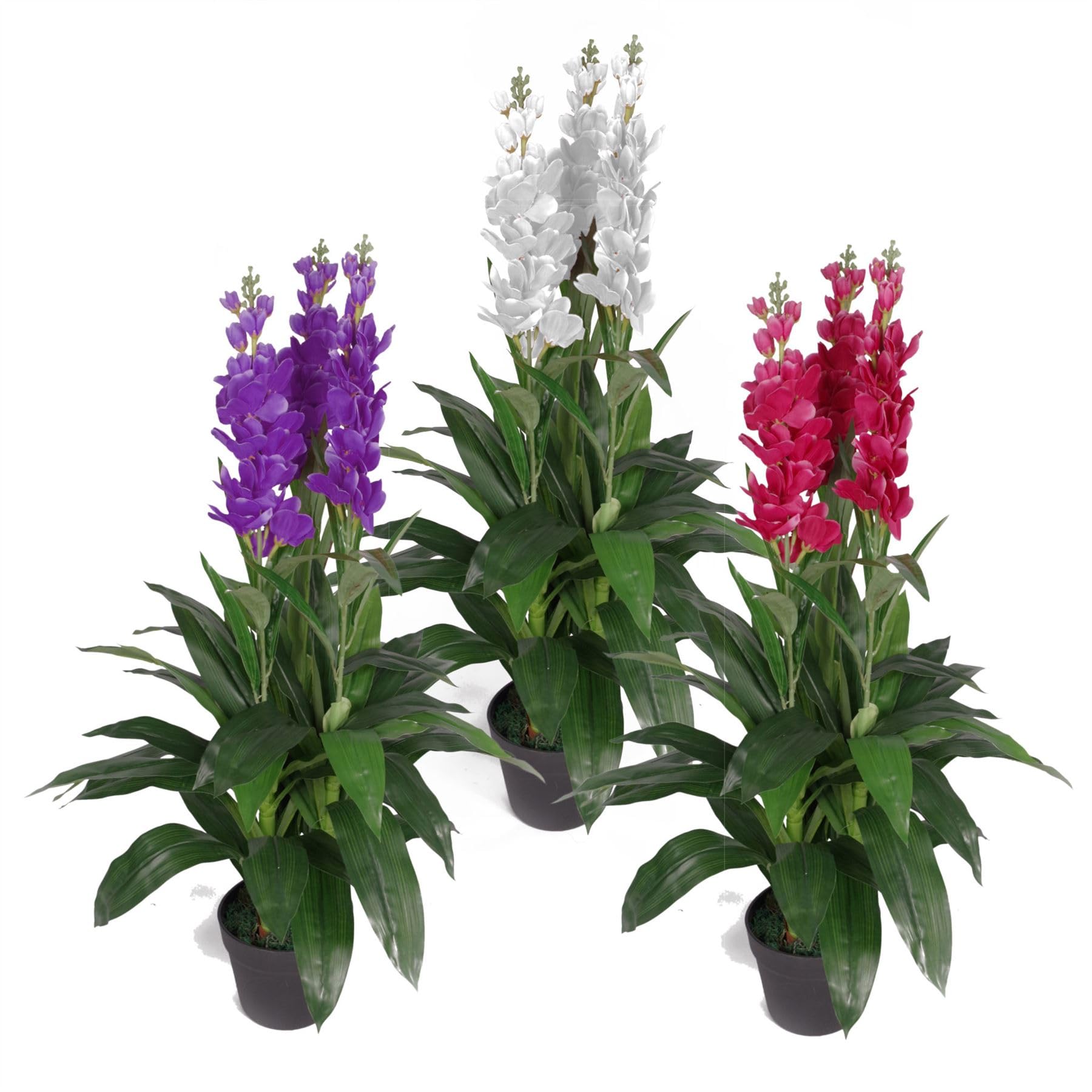 Leaf Feuille d'Orchidée Artificielle Cymbidium - Pot en Plastique Noir - Fleurs Blanches - 100 cm