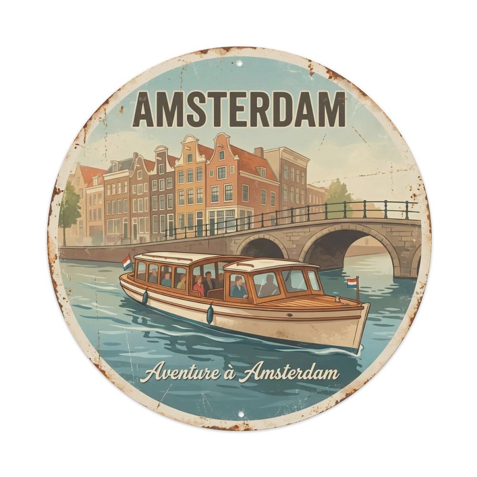Amsterdam Canal Boat Vintage Travel Dutch Waterfront City Metal Tin Sign Plaque Wall Decor for Cafe, Man Cave, Club Bar, Office, Home Garden Round Metal Poster 8x8Inch