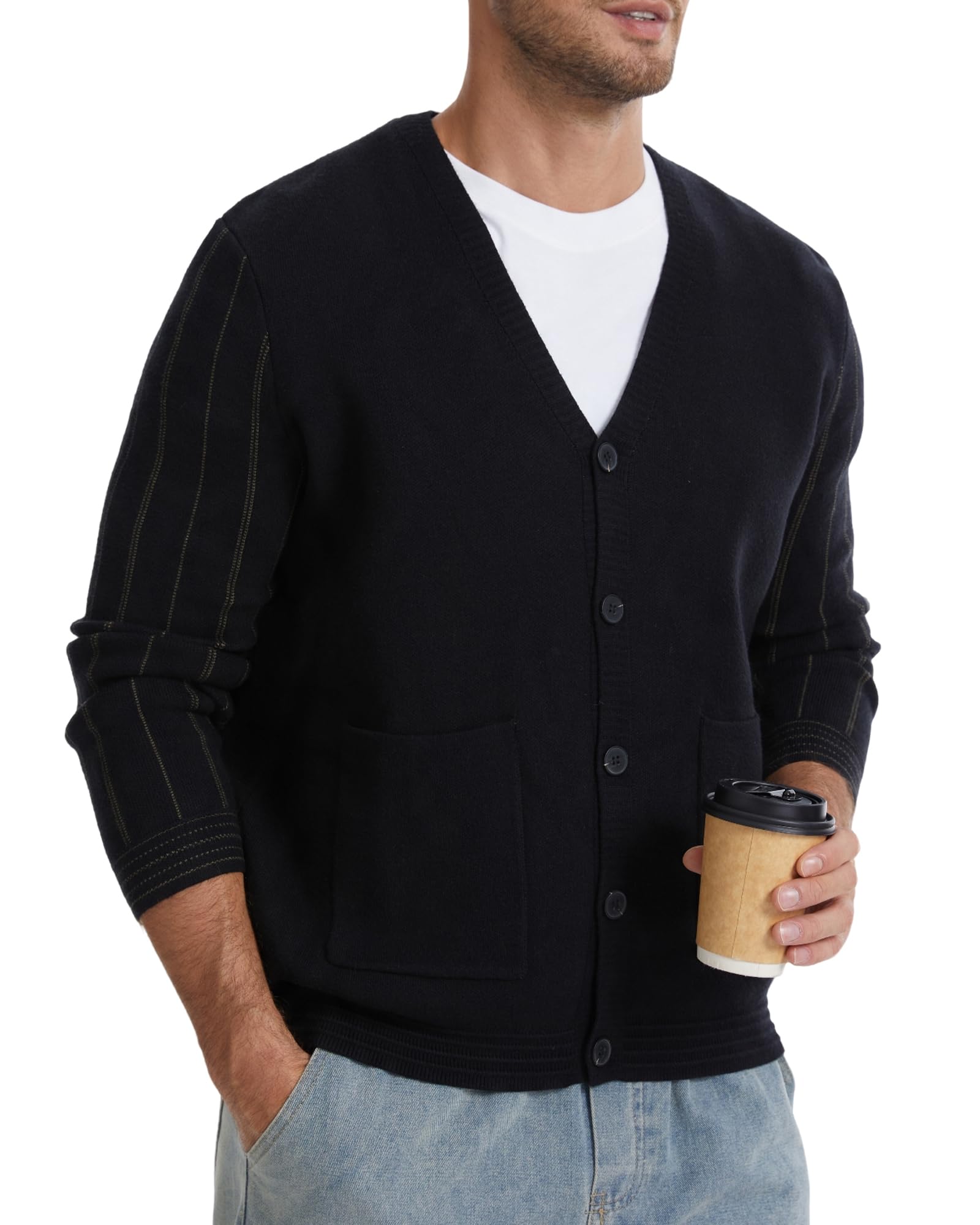 Men's Cardigan Sweater Button Front V-Neck Long Sleeve Knit Sweaters