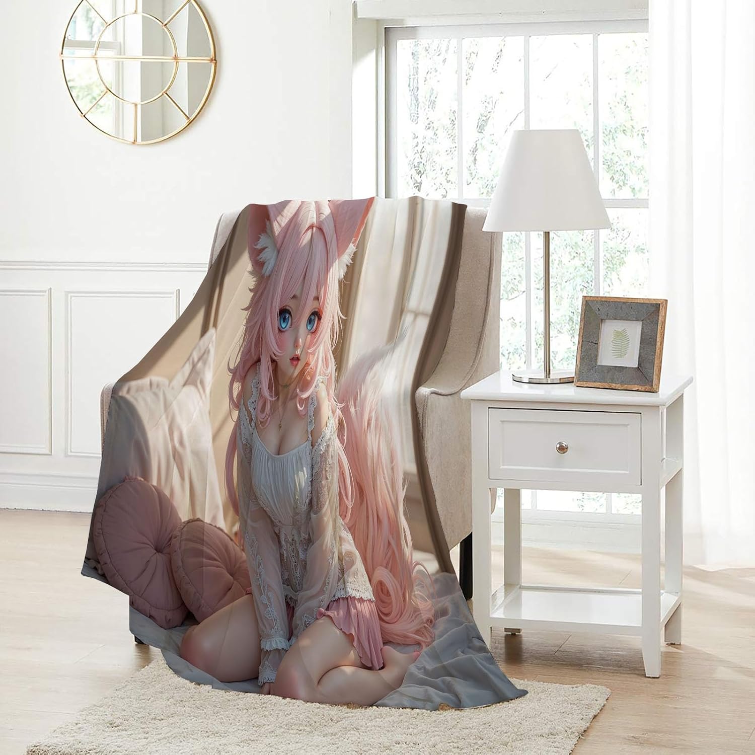Throw Blankets Flannel Blanket with Cute Fox Beauty Anime-Style Character Warm Cozy for All Seasons, Light Pink Soft Lightweight Throw Blanket for Couch Bed Sofa Travel Decor, 50"X60" image 3