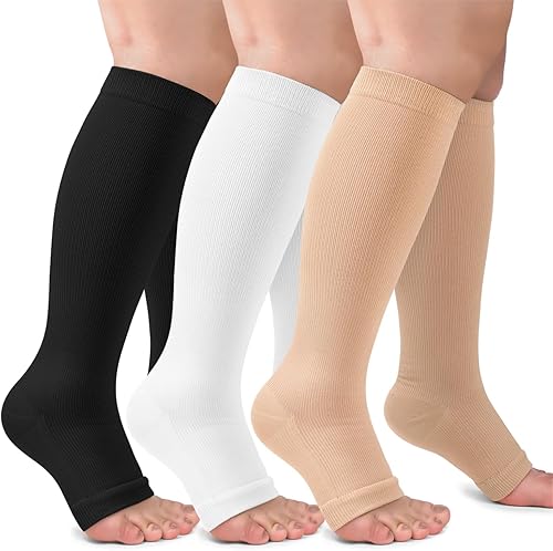 Paquete de 3 calcetines de compresión de cobre para mujeres y hombres, 20-30 mmHg con punta abierta hasta la rodilla, medias altas para soporte de