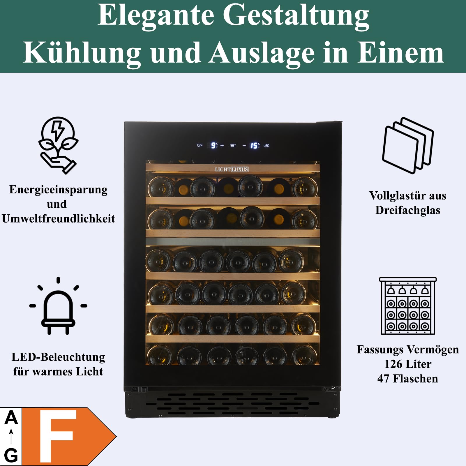 Weinkühlschrank 2 Zonen 71 Flaschen Einbaugerät Unterbau 60cm Breit UV-Glastür Holzablagen Leise 37dB