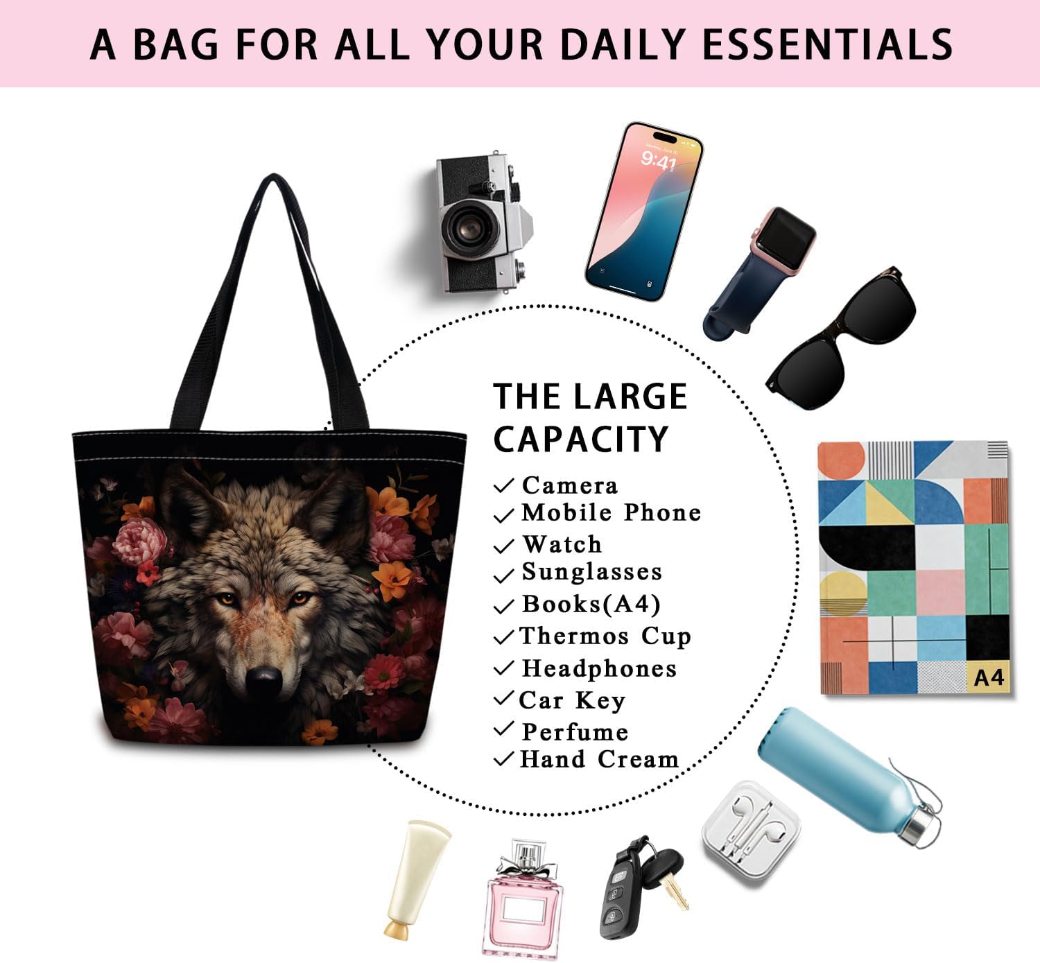 Floral Wolf Tote Bag Reusable Grocery Bags Aesthetic Shopping Shoulder Handbag with Interior Zipper Pocket Stylish Floral Wolf Present for Women - Image 7