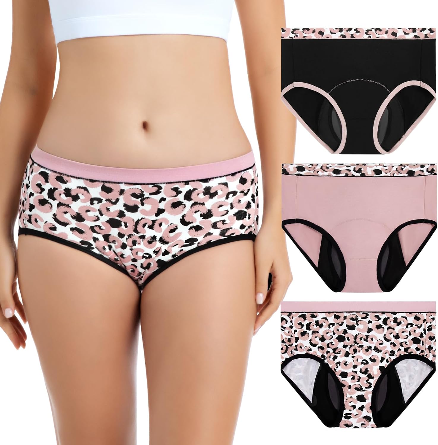 Carer Incontinence Underwear for Women, Washable Absorbent Briefs 3-Pack, Reusable Leak Proof Protection Panties for Bladder Leakage, Black/Pink/Leopard Print, X-Large