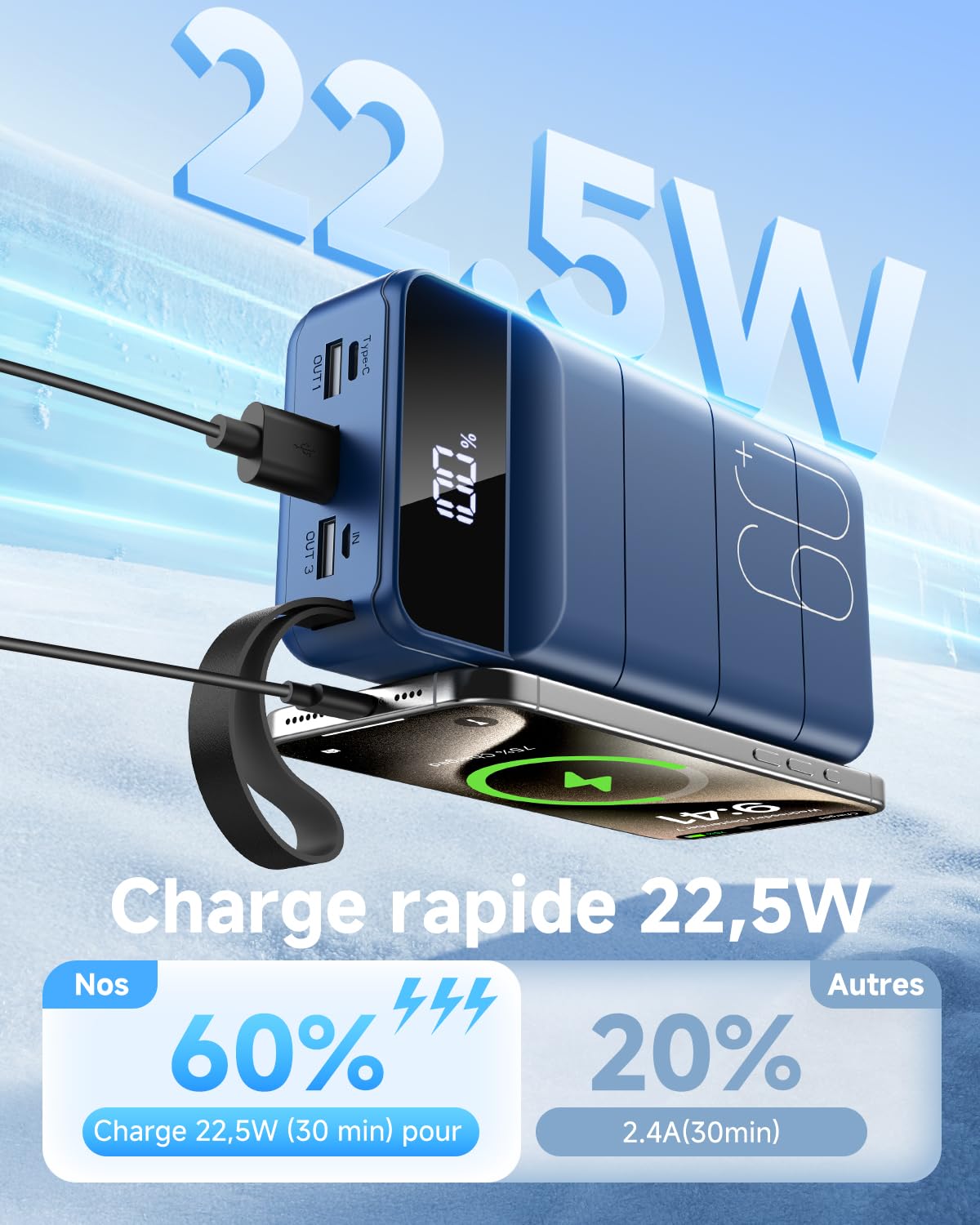 Batteria Esterna 60000mAh Ricarica Rapida 22,5W Blu - Dettaglio