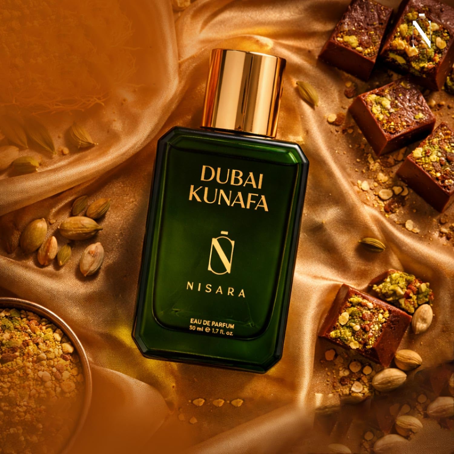 Nisara Dubai Kunafa Eau De Parfum Gourmand Oriental Sweet Luxury Perfume with Pistachio, Peach, Jasmine, Vanilla & Chocolate Notes | Long Lasting Unisex Fragrance | Premium Dessert-Inspired Scent for Evening & Special Occasions (EDP) 2