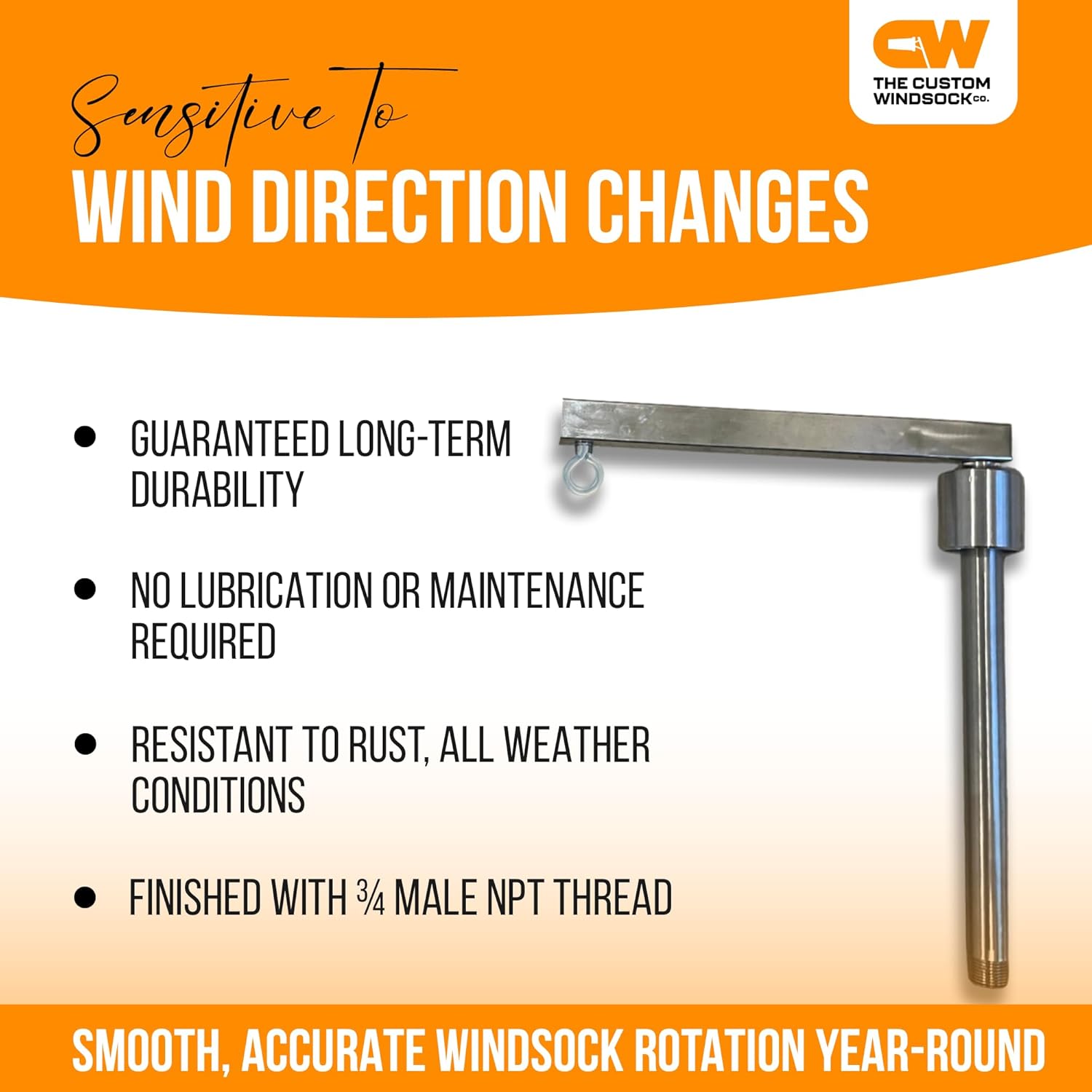 Heavy Duty Hanging Windsock Kit with Stainless Steel Pivot Arm | Hi-Visibility Fluorescent Orange Wind Industrial Indicator | Double Ball Bearing Arm | Waterproof, UV Fade Resistant 8"x24"