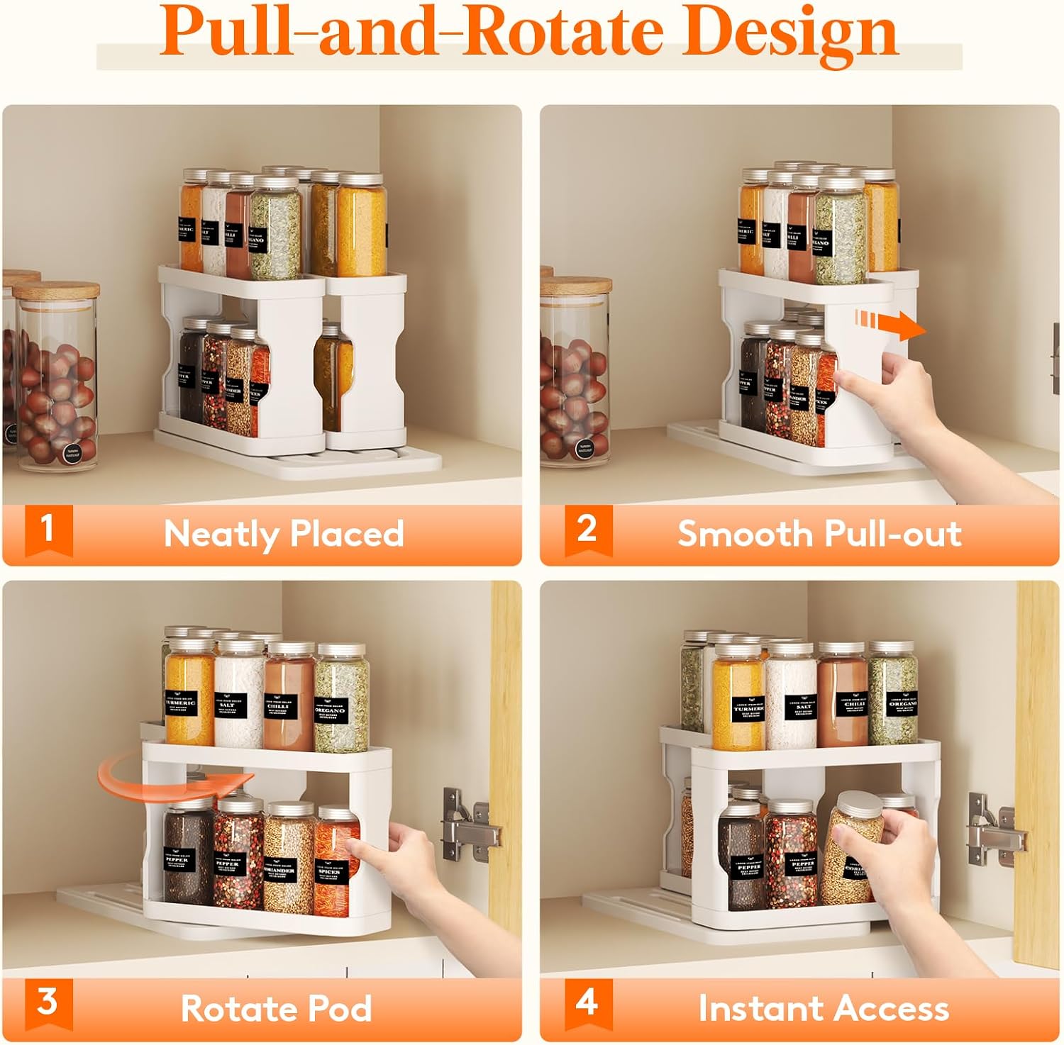 Lifewit Spice Rack Organizer for Cabinet, Slide & Rotate Spice Organizer, Double 3-tier Adjustable Shelves with Fence & Non-Skid Pad, Seasoning Medicine Organization, 9.2" H x 6.1" W x 11.4" D, White