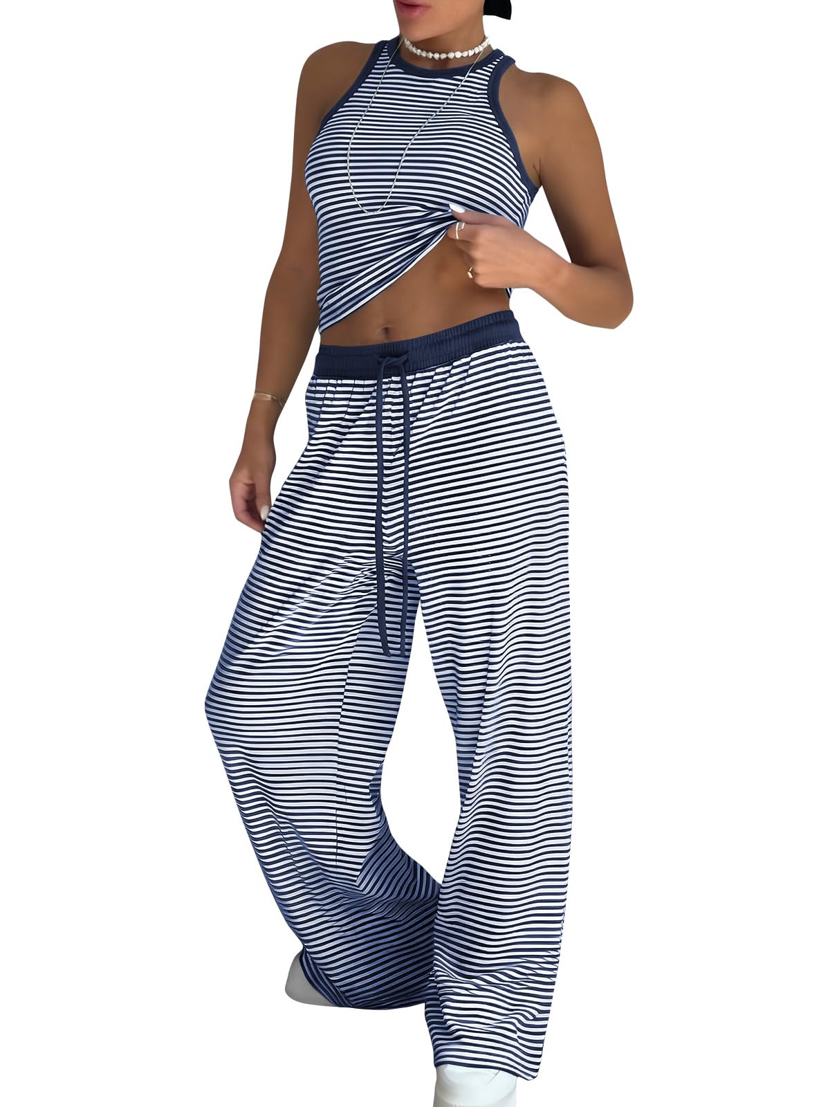 EXLURA Womens Cotton Summer 2 Piece Outfits Striped Halter Tops Matching Wide Leg Pant Sets Lounge Tracksuits Vacation