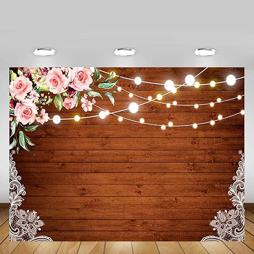 Miniatura 2 de MEHOFOTO Fondo rústico de 8 x 6 pies con encaje blanco rústico, flores rosadas, madera marrón oscuro, luces brillantes, fondo de fotografía floral,