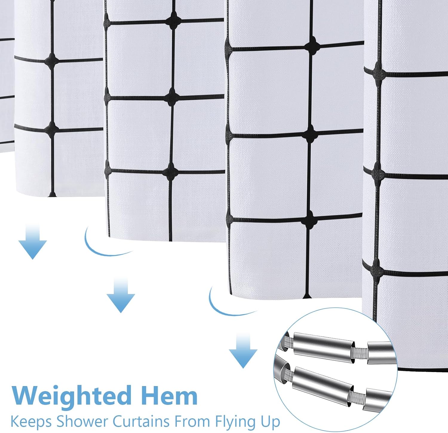 VANZAVANZU 3 in 1 Shower Curtain Set, Polyester and Linen Check Shower Curtain and Liner Set with 12 Double Sided Shower Curtain Hooks, 330GSM Luxury Weighted Cloth Shower Curtains for Bathroom