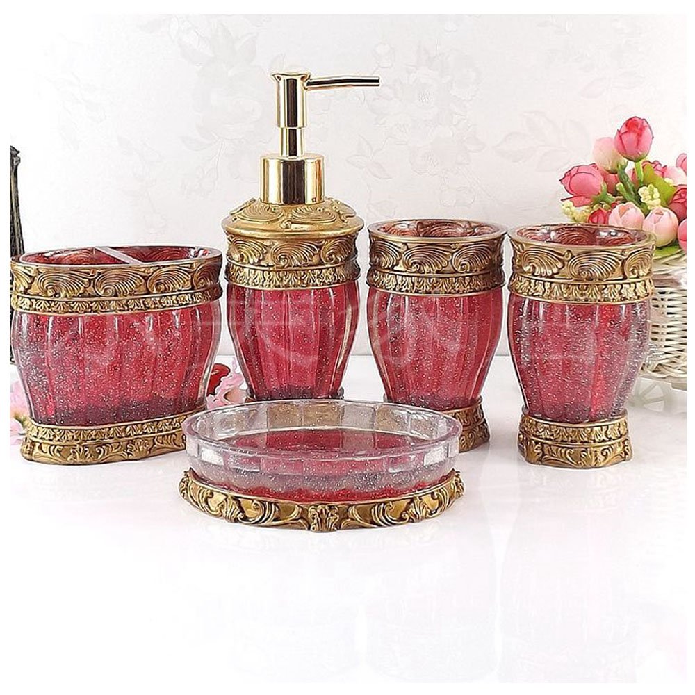 LUANT Vintage Red Bathroom Accessories, 5Piece Bathroom Accessories Set, Bathroom Set Features, Soap Dispenser, Toothbrush Holder, Tumbler & Soap Dish - Golden Glossy - Bath Gift Set