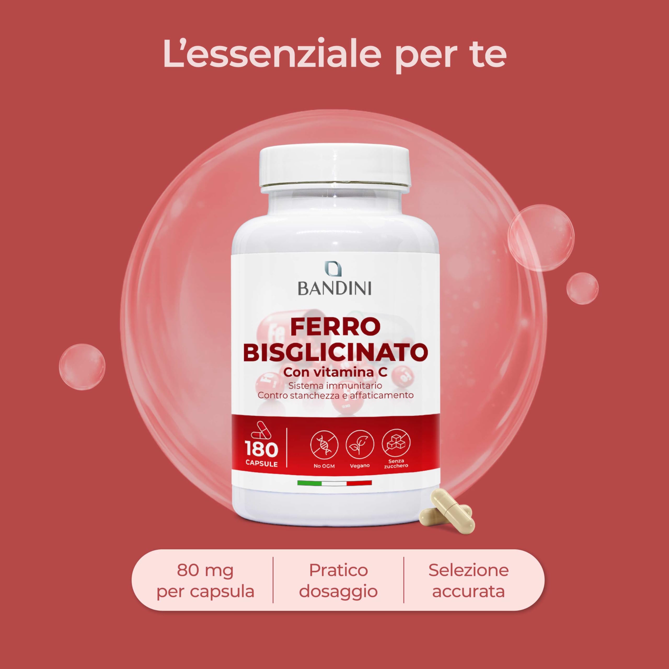 Bandini® Ferro Bisglicinato 80mg + Vitamina C 180 Capsule Vegan (Scorta di oltre 6 Mesi) - Contribuisce al Normale Metabolismo Energetico - Altamente Assimilabile e Biodisponibile - Iron + Vit C 160mg