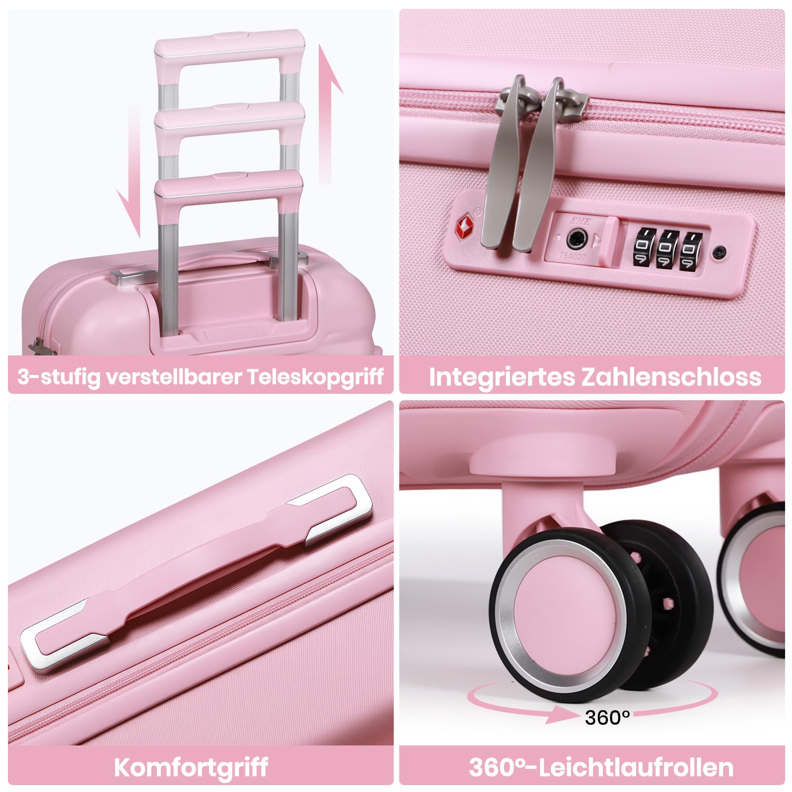 H.yeed 20 Zoll Handgepäckkoffer mit 12 Zoll Kosmetikkoffer, Leichtgewicht-Hartschale aus ABS, Trolley Reisekoffer mit 4 Doppelrollen, Rosa, 2-teilig