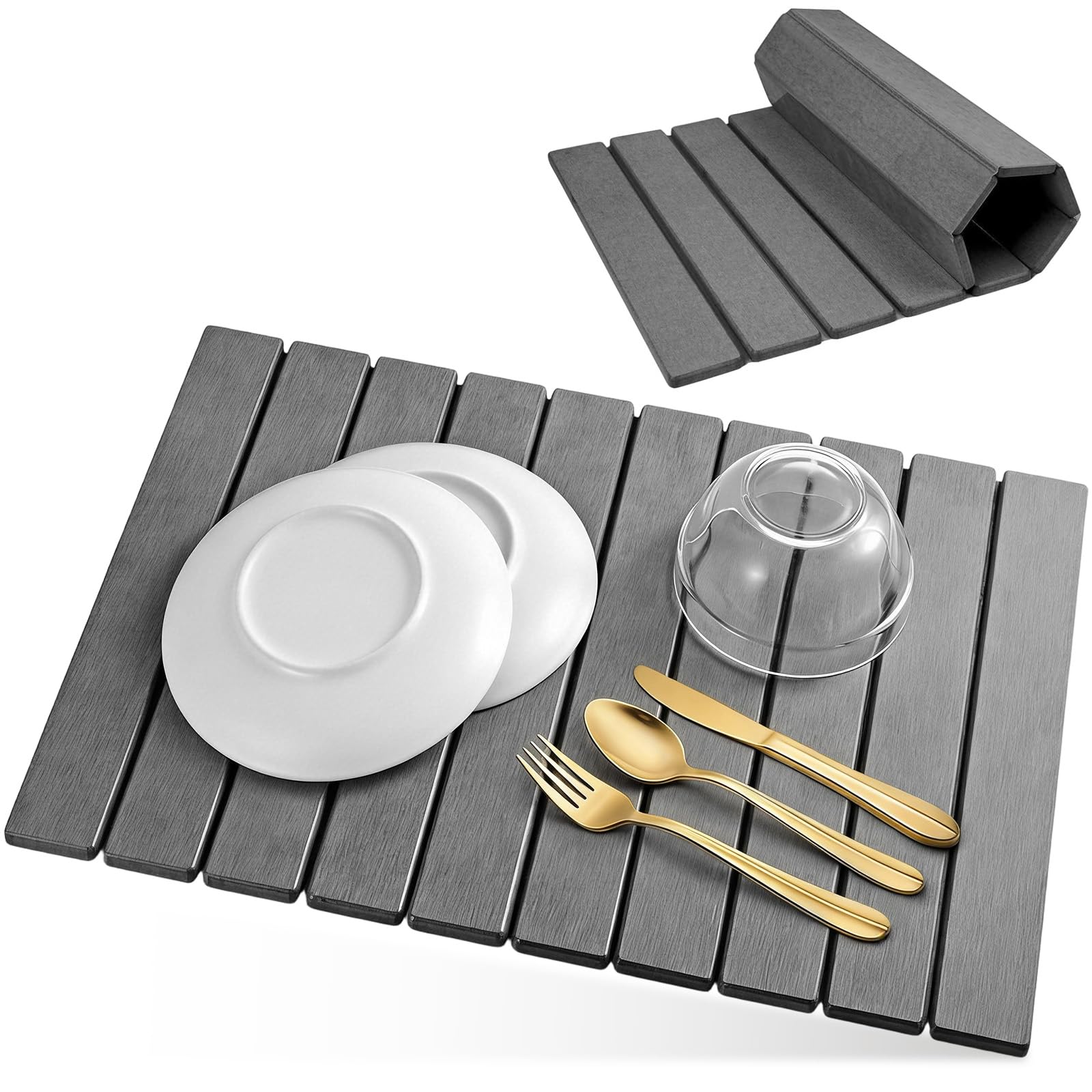Tapis Égouttoir Vaisselle en Diatomite 60x39cm, Tapis à Séchage Rapide Pierre Pliable pour Comptoir de Cuisine, Accessoires Égouttage Absorbant l'Eau Antidérapants pour Tasses, Bouteilles (Gris Foncé)