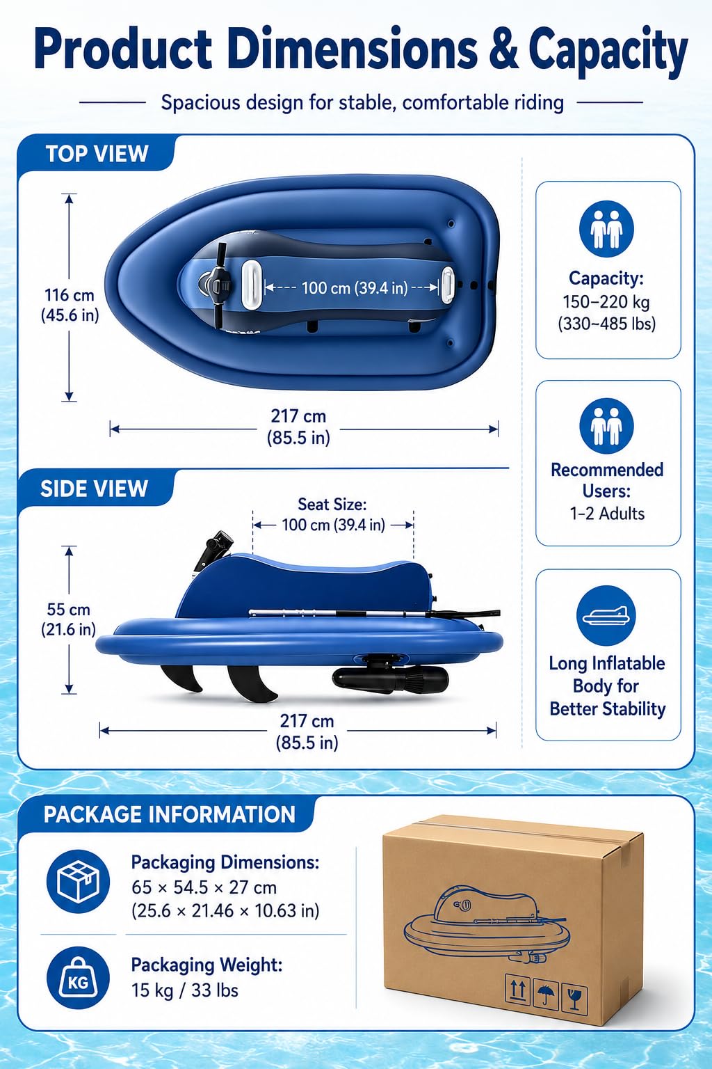 Elektrisches Schlauchboot mit Unterwasser Scooter für 1-2 Personen 500W10A | 3-9 Km/H Geschwindigkeit, Aufgeblasen 217 X 116 Cm, Sitz 100 Cm, Sitzhöhe 25 Cm, Traglast 150-220 Kg, Faltbar Mit Pumpe