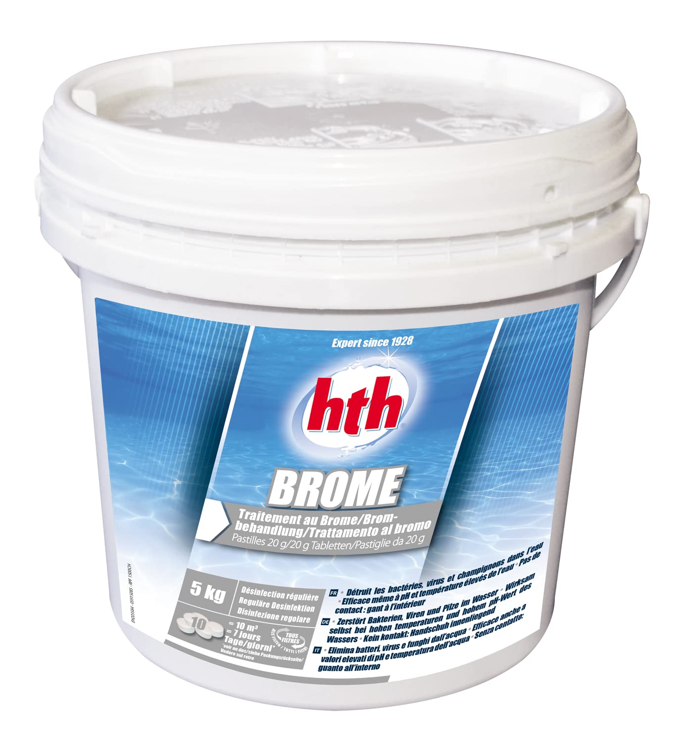 HTH Brom-Tabletten 20 g – 5 kg | Langsames Brom – Regelmäßige Desinfektion – langsam löslich + 10 HPS-Tests gratis 6 in 1