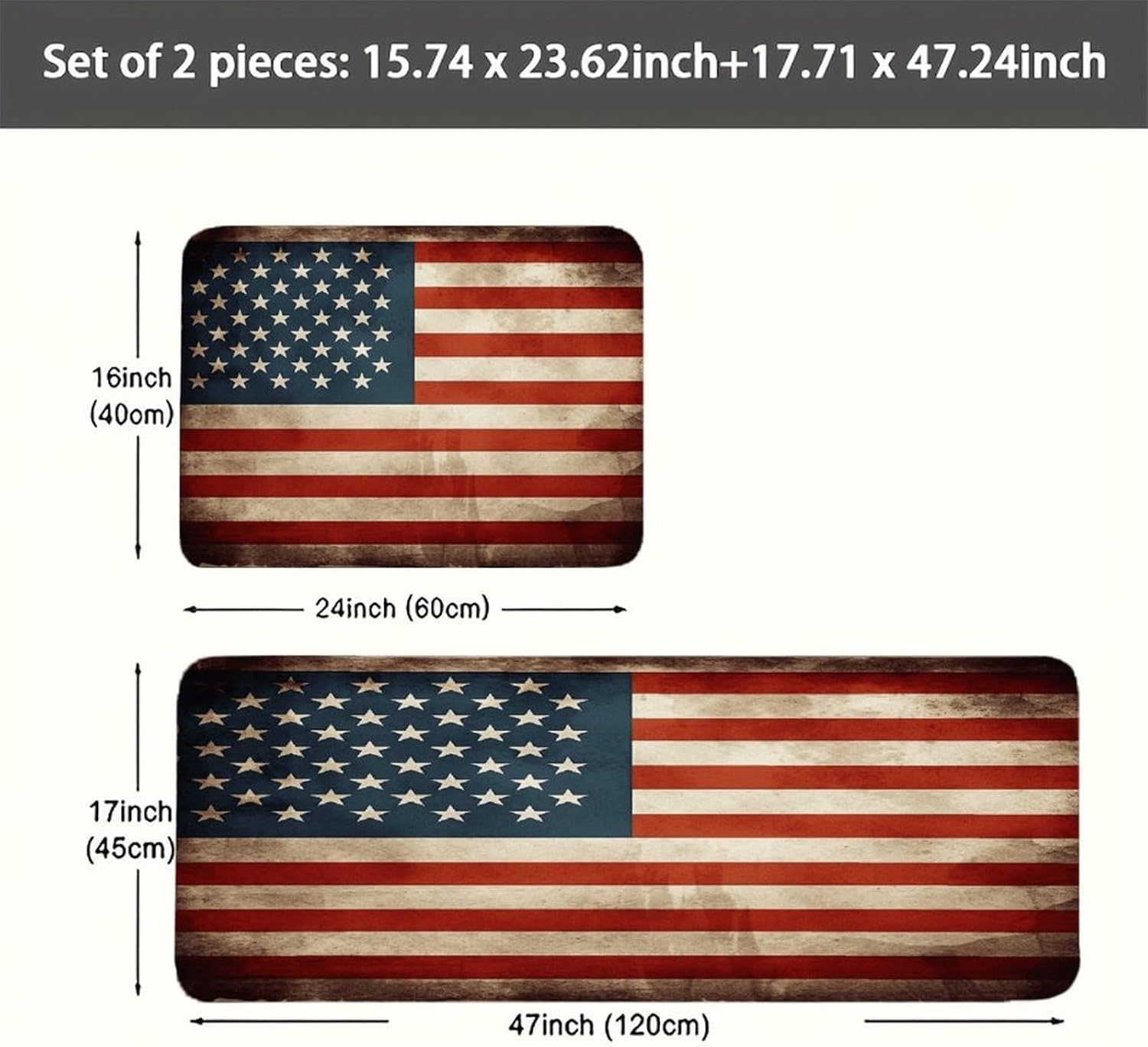 Vintage American USA Flag Kitchen Mat Washable Non Slip Rugs Soft Kitchen Mats for Floor Set of 2 PCS Cushioned Absorbent Runner Standing Rugs for Home Sink Laundry Office
