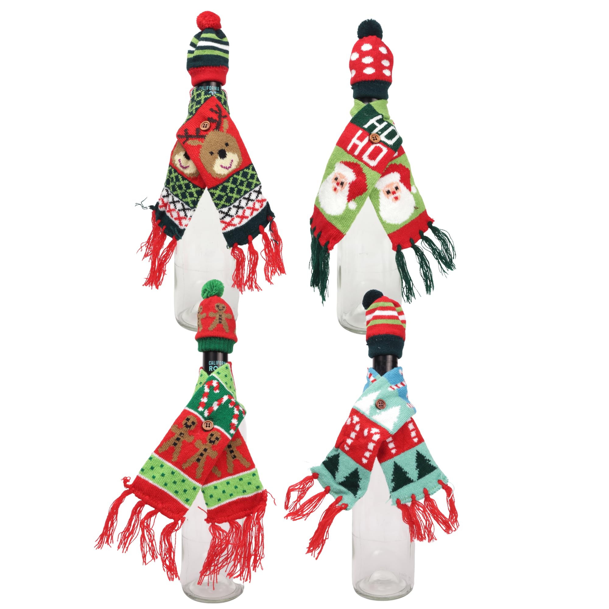 Needzo Christmas Wine Bottle Scarf and Hat, Holiday Drink Cover Set, Festive Party Decorations, Style May Vary, Pack of 4