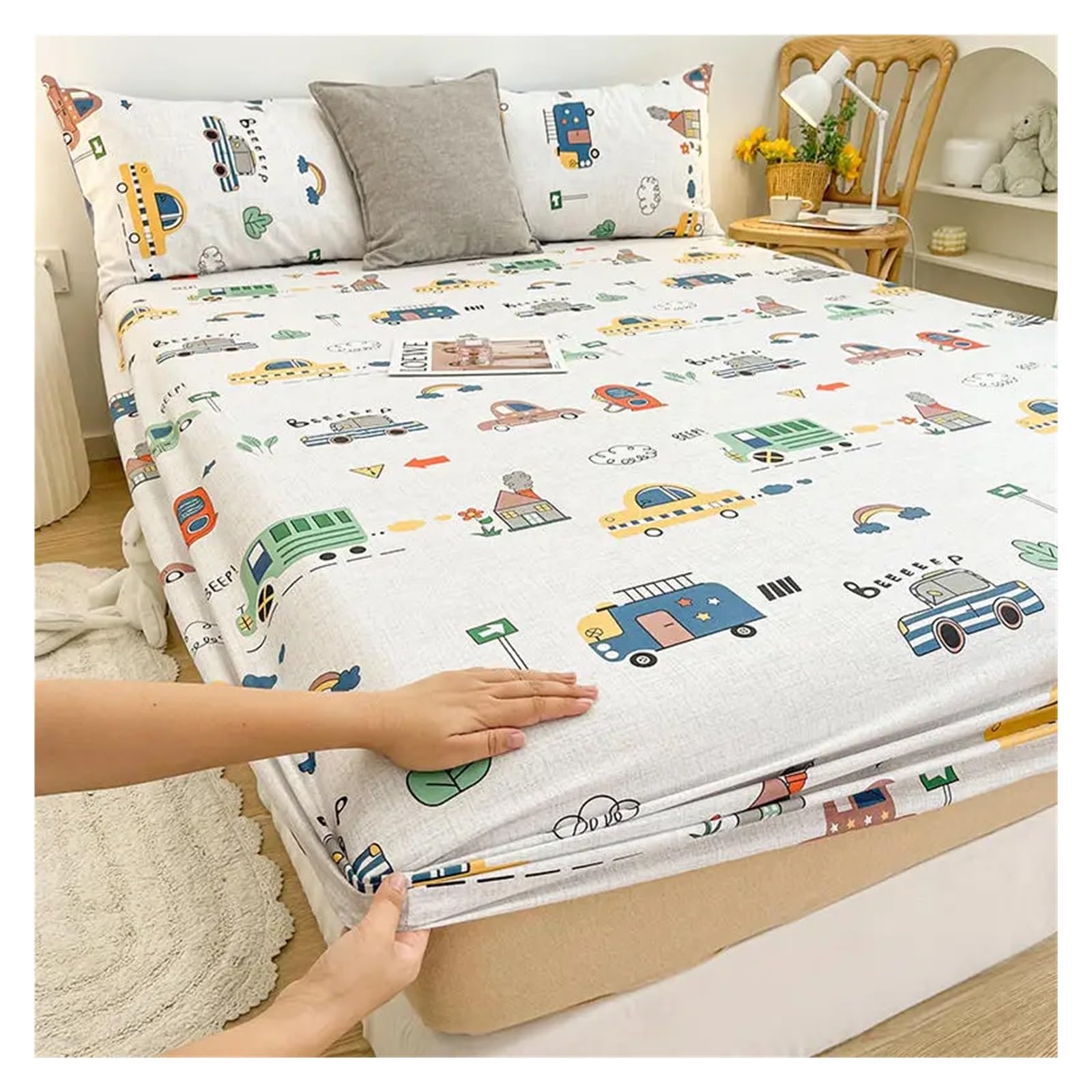 Printed Bed Sheets 1 Stück Spannbettlaken aus Reiner Baumwolle mit elastischem Cartoon-Autodruck-Abdeckungs-Unterlaken (ohne Kissenbezug)(Color 10,120x200x25cm)
