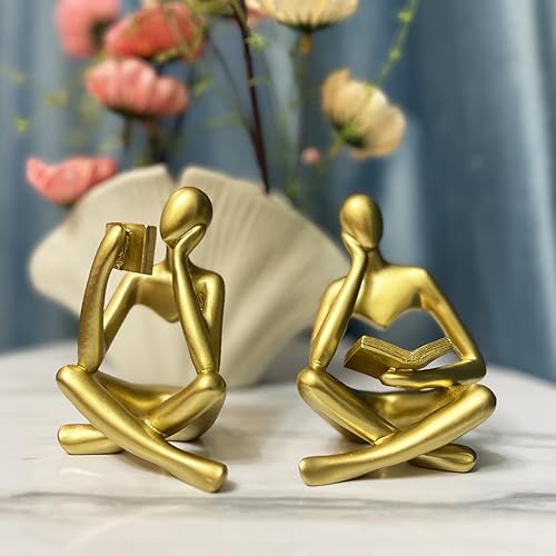 Miniatura 4 de Estatua de pensador de lectura dorada de 2 piezas, figuras modernas, escultura estética abstracta, juego de estatua de resina para decoración del