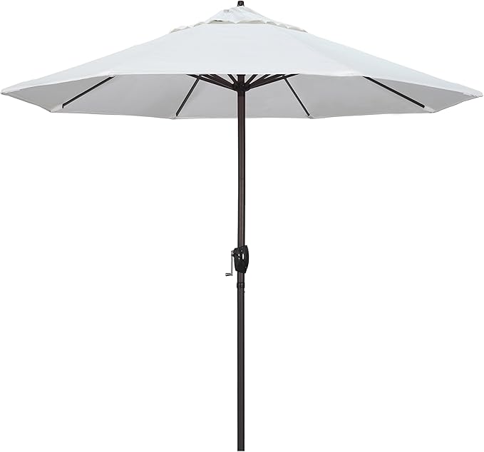 California Umbrella 9' Round Aluminum Market Umbrella, Crank Lift, Collar Tilt, Bronze Pole, White Olefin