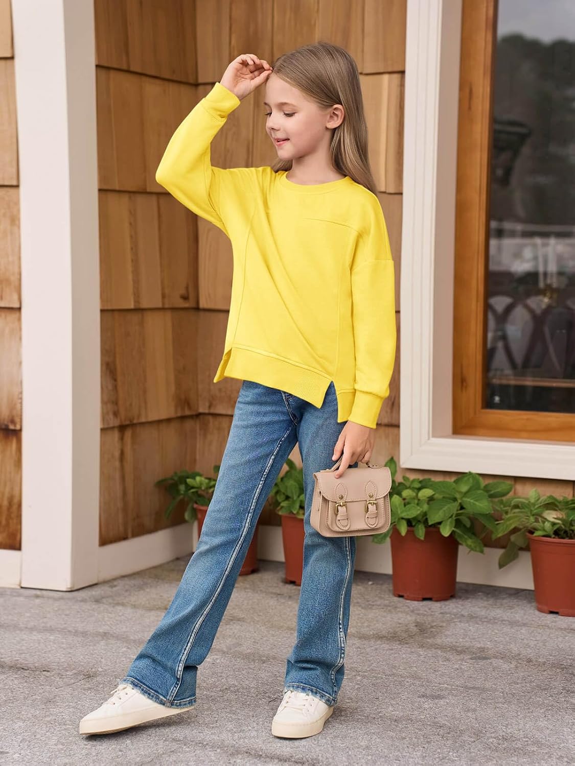 Haloumoning Girls Casual Crewneck Sweatshirt Kids Long Sleeve Side Slit Oversized Pullover Tops 5-14Y - Image 5