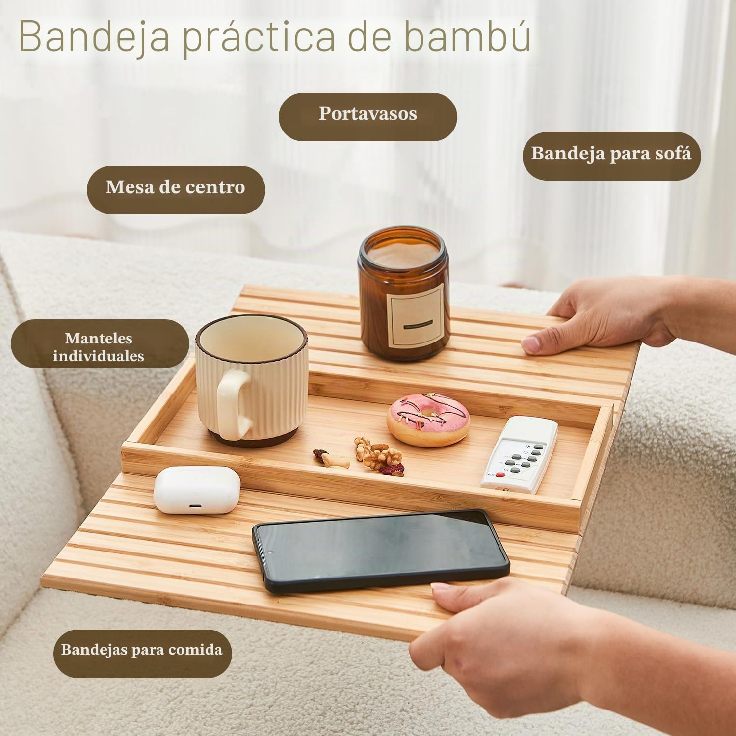 Bandeja para sofá, bandeja plegable de bambú, antideslizante, reposabrazos, mesa para aperitivos, tazas de teléfono móvil