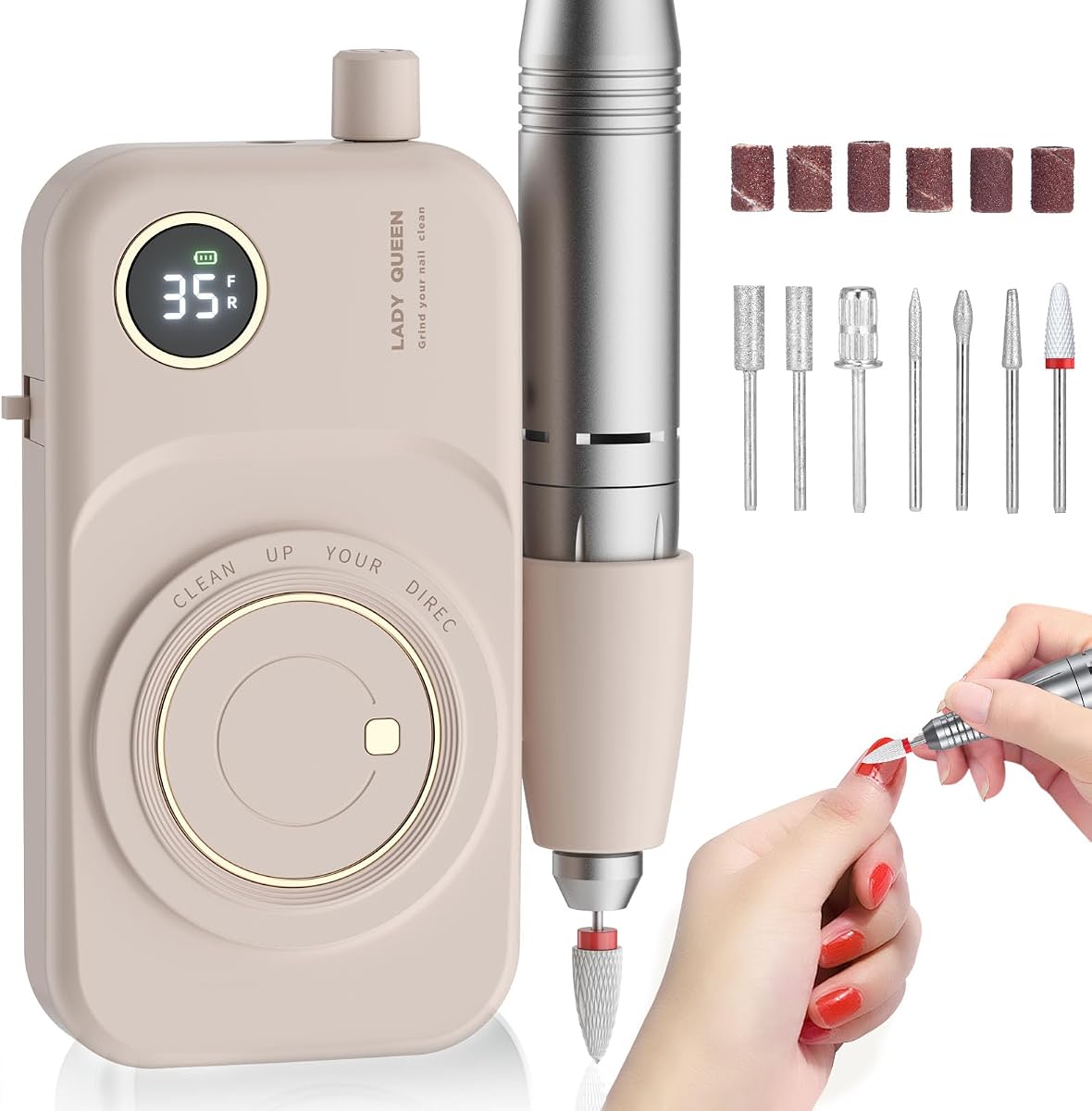 Portable Nail Drill Electric File: 35000RPM Professional Rechargeable Nail E File Machine,for Acrylic Nails Gel Polishing Removing, Cordless Efile with Bits Kit for Manicure Salon Home (Pink)
