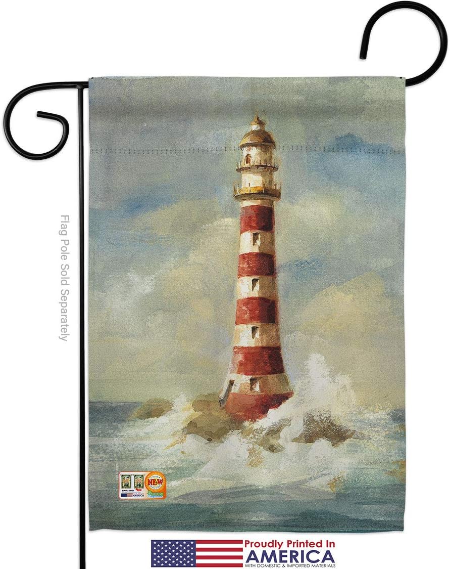 Lighthouse by the Sea Garden Flag Set Wood Dowel Coastal Nautical Anchor Sailor Shells Outdoor Summer Ocean Small Decorative Gift Yard House Banner Made In USA 13 X 18.5