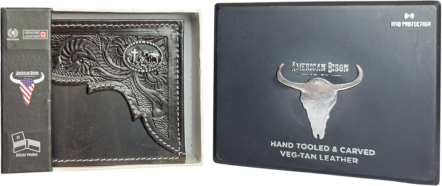 American Bison Tooled Side Bifold Wallet with Conchos–Oil Pull Up Classic Western Craftsmanship & RFID Protection (Kneeling Cowboy, Dark Brown) image 4
