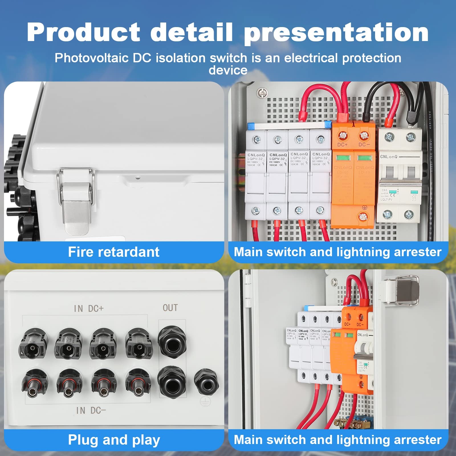 Jadeshay 4 String Solar PV-Kombinationsbox 500V 4 in 1 Out Wasserdicht Solar PV Combiner Box 63A Leistungsschalter for Solar Panel System