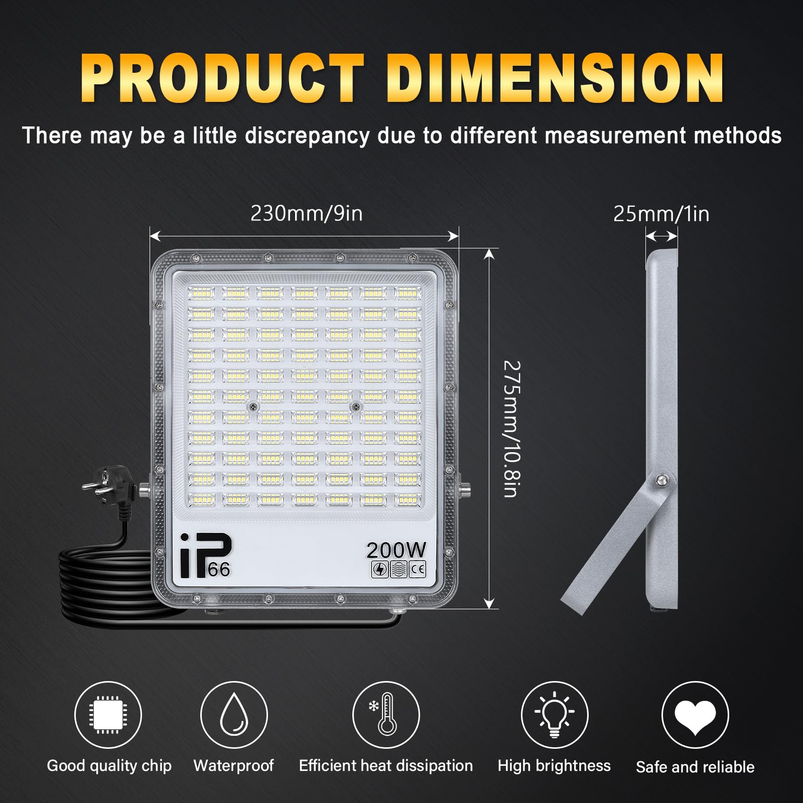 RIGIDON 1x 200W led strahler außen mit stecker, 20000lm außenstrahler, IP66 | wasserdicht, 1,5 meter kabel, 6000K kaltweiß, led fluter scheinwerfer flutlicht, für garten innenhöfe garage terrassen hof