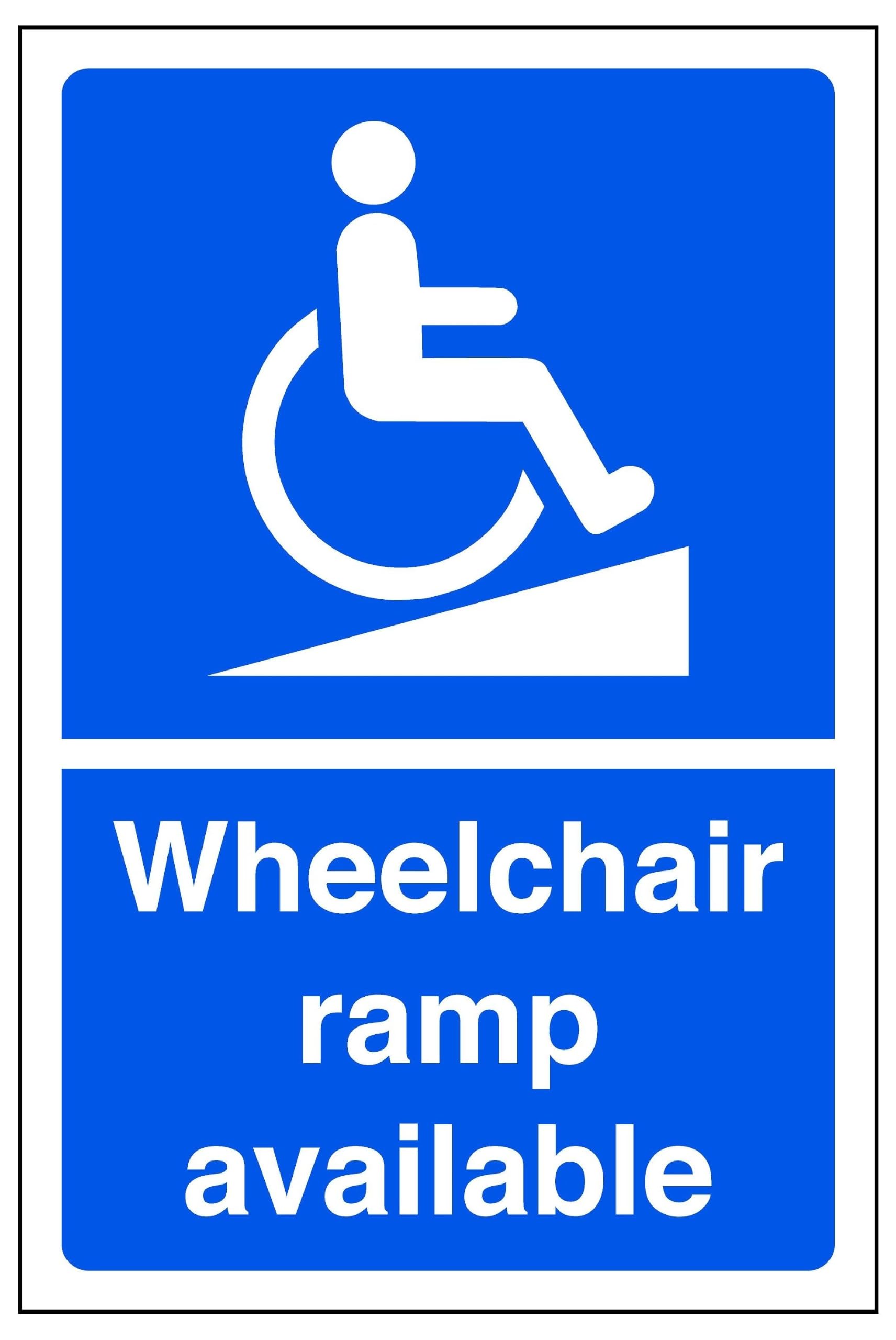 Wheelchair ramp available - parking sign - disable signage - High tack self-adhesive sticker (600mm x 400mm) Viewing Distance within 20m.
