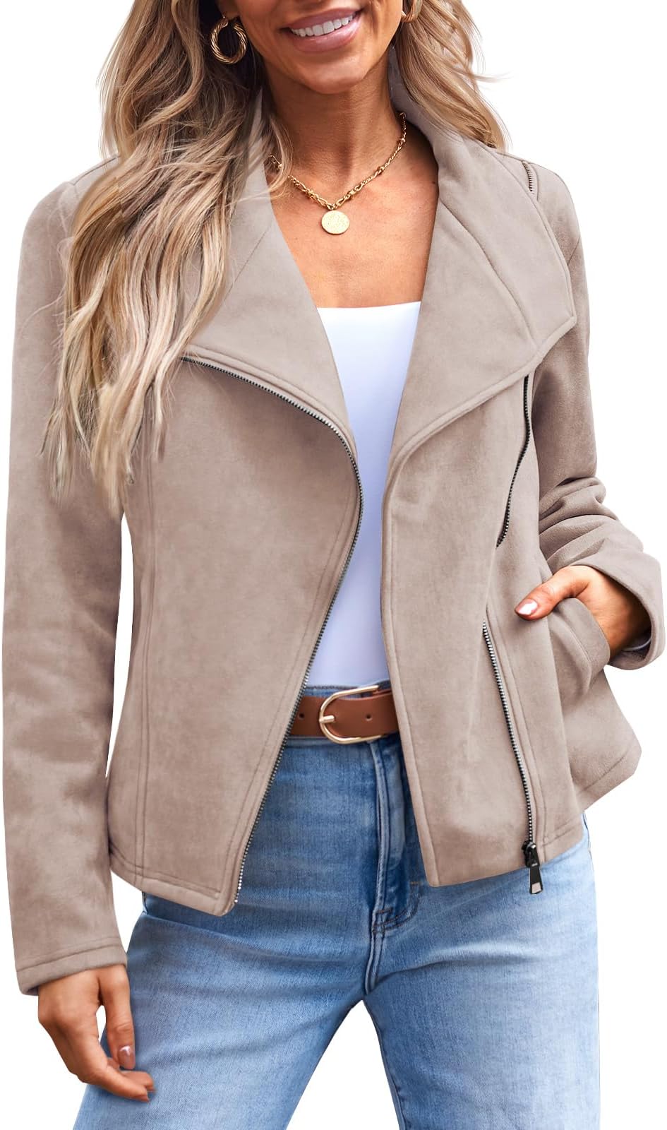 AUTOMETWomens Faux Leather Jackets Suede Fall Fashion 2024 Outfits Winter Clothes Open Front Cropped Coat Outwear