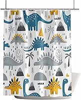 Vista 2 de Juego de cortinas de ducha impermeables con diseño de volcán de dinosaurios de dibujos animados, extra largas de 72 x 84 pulgadas, cortina de baño