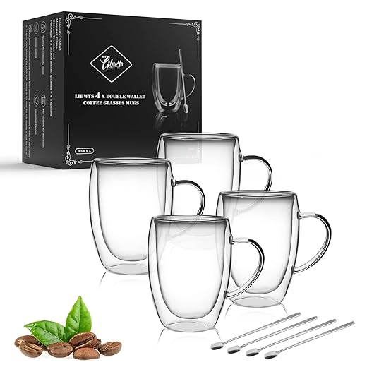 LIBWYS 4 Pack Double Walled Coffee Cups Glasses Mugs 12oz, Espresso Cappuccino Latte Tea Cups with Handle, Heat Resistant Borosilicate Clear Glasses 350ml