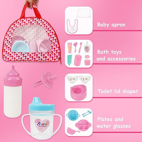 Miniatura 5 de Juego de 22 accesorios para muñecas de bebé con funda de transporte, incluye botella, taza para beber, chupete, babero, cepillo para el pelo, platos