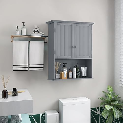Miniatura 2 de Giantex Armario de baño montado en la pared, gabinete de almacenamiento de baño con estante ajustable, gabinete de pared de baño de 2 puertas,