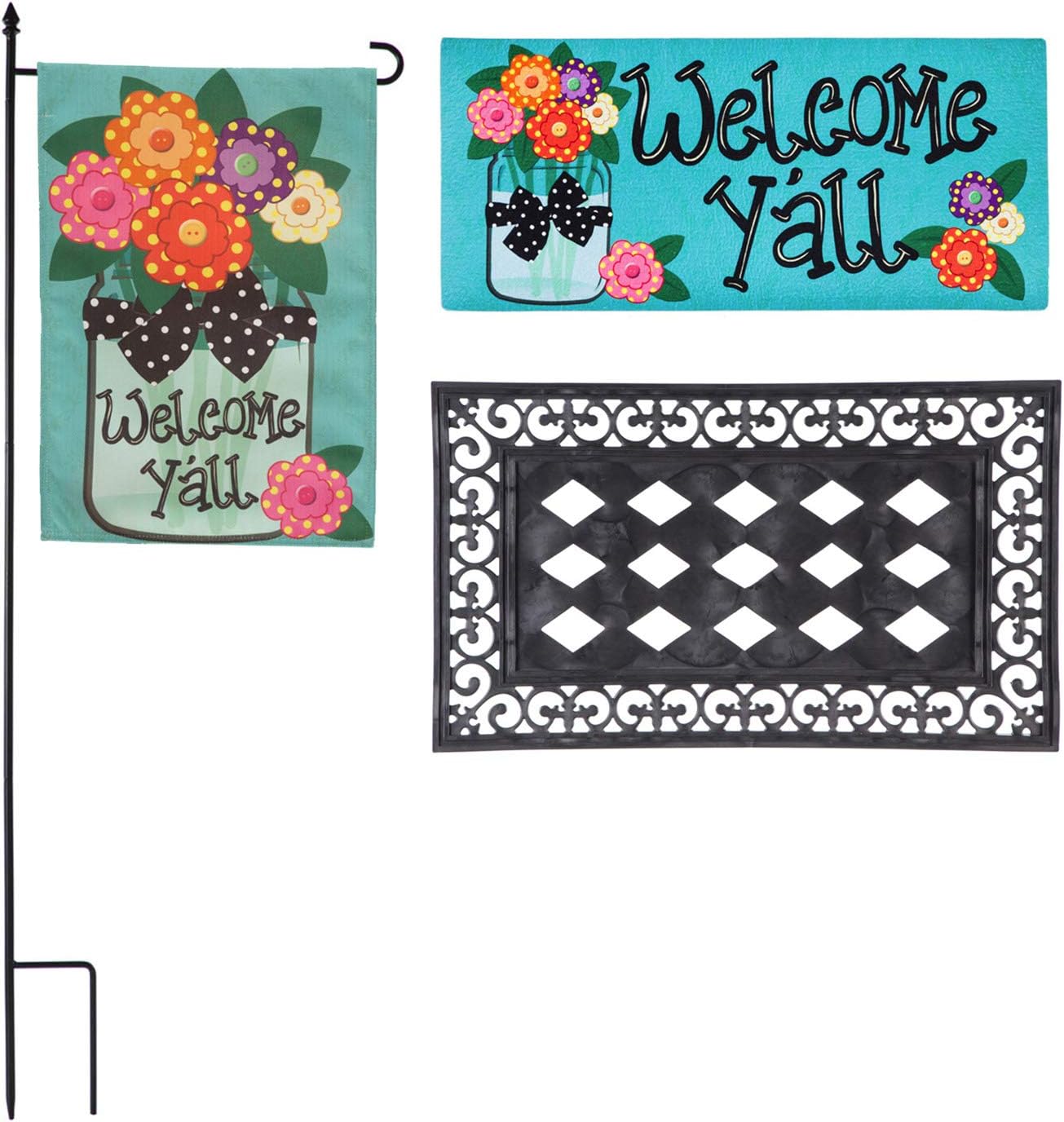 Evergreen Flag Indoor Outdoor Welcome Y'all Bundle Set of 4 - Garden Flag stand and Flag, Sassafras Doormat Frame and Sassafras Insert
