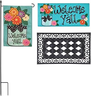 Evergreen Flag Indoor Outdoor Welcome Y'all Bundle Set of 4 - Garden Flag stand and Flag, Sassafras Doormat Frame and Sassafras Insert