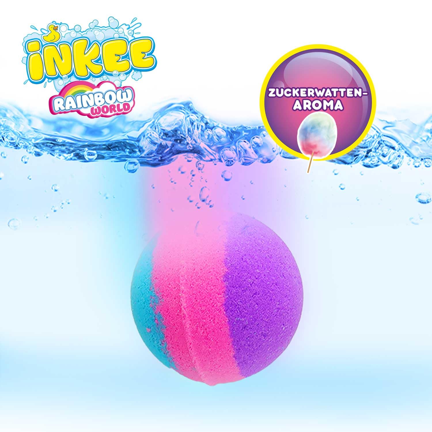INKEE Pack Colour Rainbow World 15 bombek do kąpieli dla dzieci z 3 różnymi kolorowymi warstwami (różowy, fioletowy i niebieski), wata cukrowa i aromat oleju arganowego