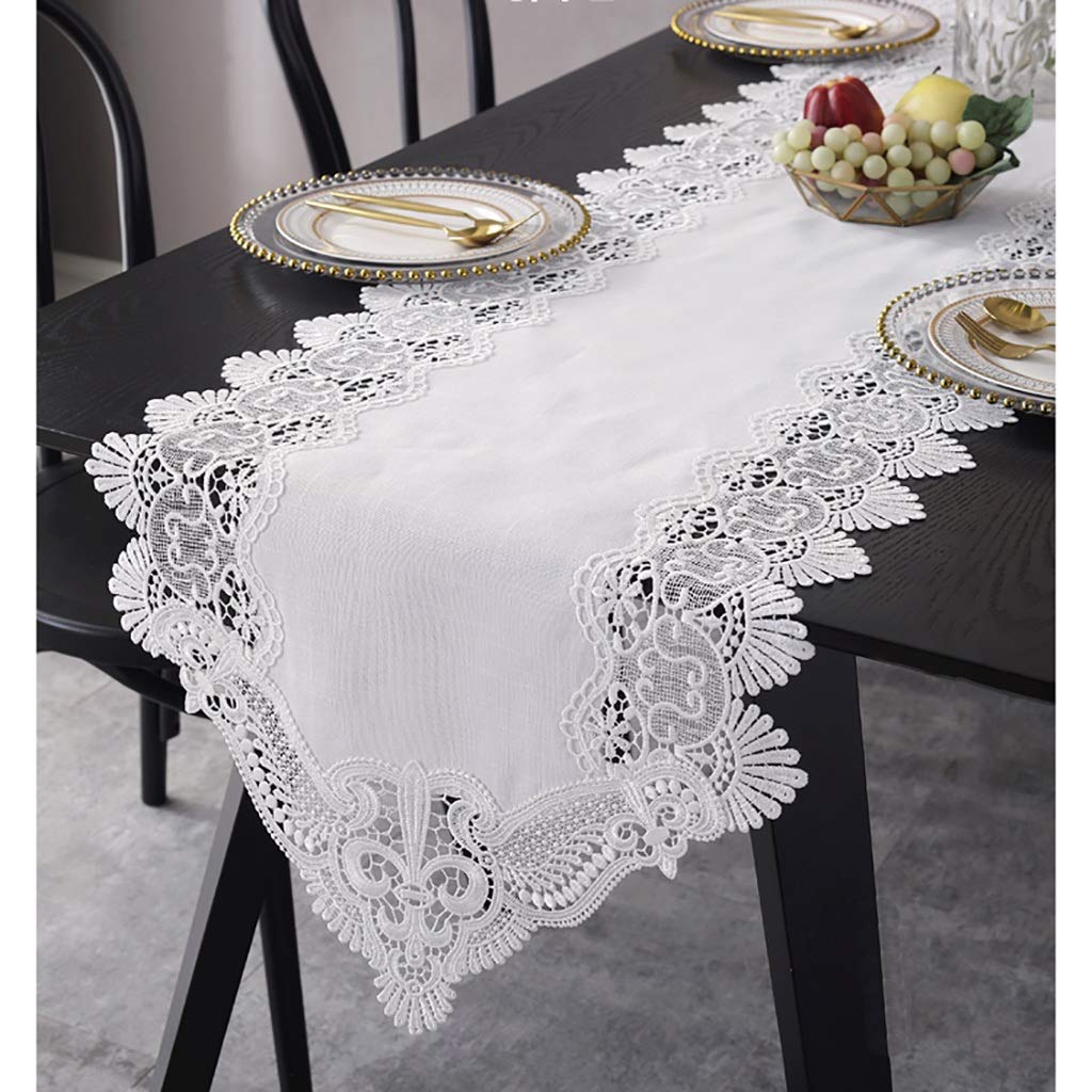 Elegant und luxuriös Gestickte Spitze Braun- weiße Spitze Leinengewebe Tischläufer Overlay Gestickte Blumenspitze Stoff Tischläufer (Blanc,50 * 240cm)
