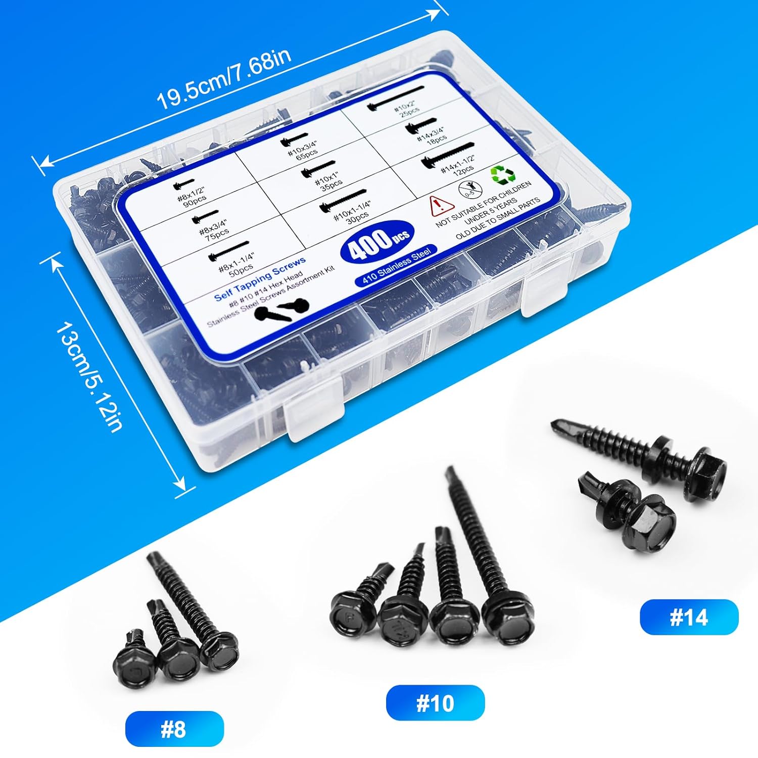 400PCS Black Self Tapping Screws for Metal, 410 Stainless Steel Sheet Metal Screws, #8#10#14 Hex Washer Head Self Tapping Screws for Metal Wood Plastic,1/2" to 1-1/2“