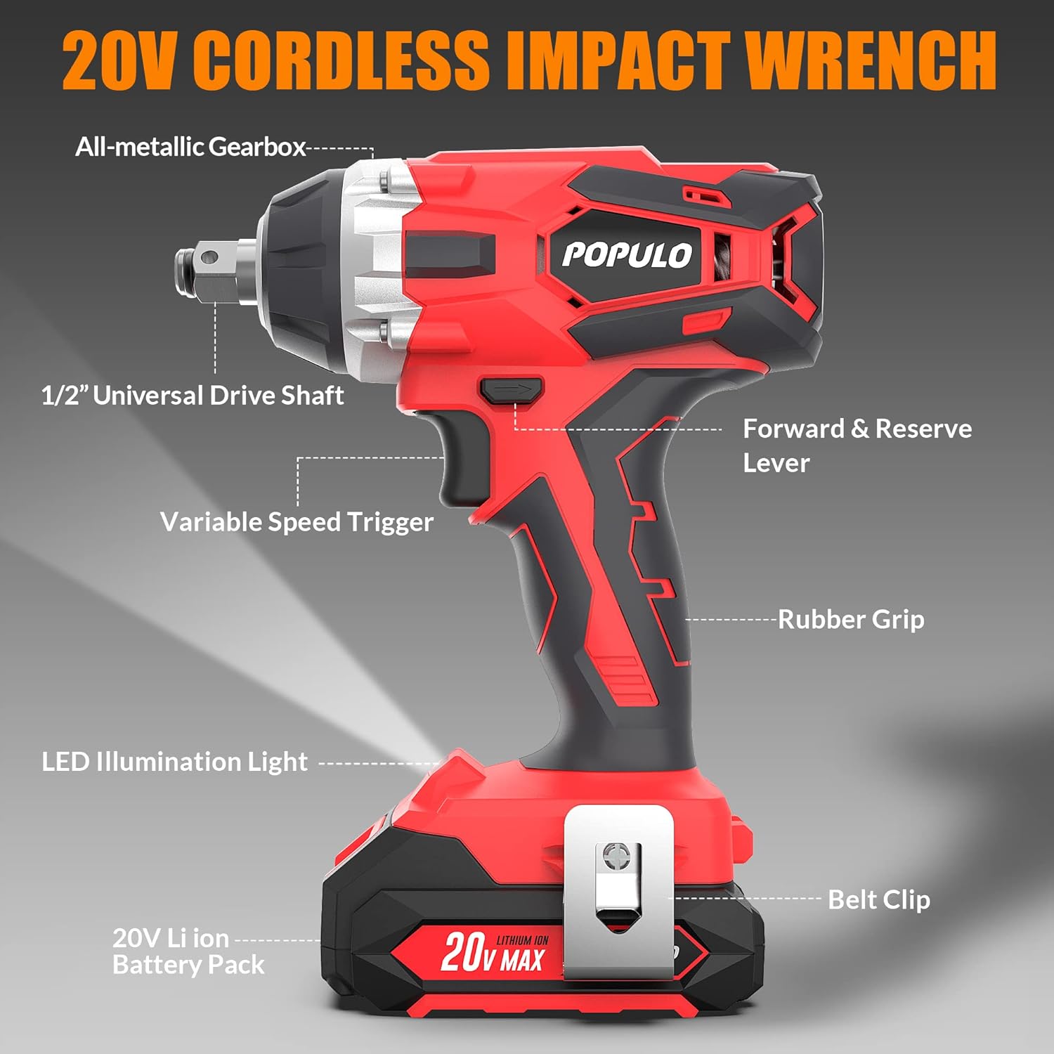 populo 20V Cordless Impact Wrench, ½” Chuck Power Impact Wrenches, 2389 in-lbs Torque and 0-3,000 Impact, 6 pcs Drive Impact Sockets, 2.0Ah Li-ion Battery, Fast Charger, Gloves and Tool Bag Included. - - 